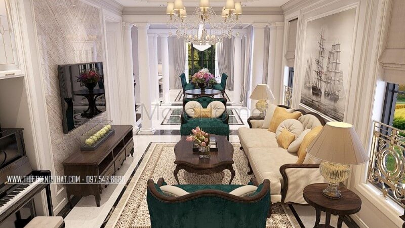 Thiết kế nội thất phòng khách biệt thự cao cấp phong cách tân cổ điển ấn tượng bởi các đường nét sắc nét và chi tiết tỉ mỉ, tinh tế Bố trí nội thất phòng khách ấn tượng