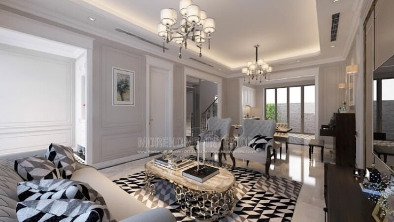 Trang trí nội thất phòng khách biệt thự ấn tượng, đồ gỗ nội thất được bố trí hợp lí, mang lại cho gia chủ một không gian sang trọng đầy tiện nghi Bố trí nội thất phòng khách ấn tượng