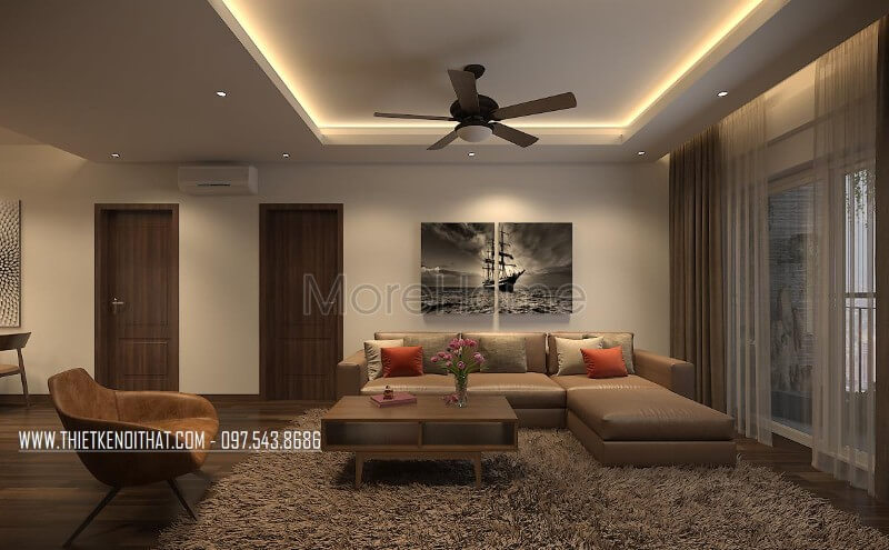 Thiết kế nội thất phòng khách với gam màu tối nhưng sang trọng tạo chiều sâu và thu hút điểm nhìn mỗi khi khách tới nhà. Bố trí nội thất phòng khách ấn tượng
