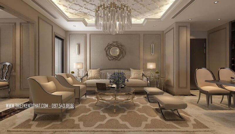 Thiết kế nội thất phòng khách được lựa chọn tông màu xám lạnh là chủ đạo, bắt đầu từ bộ sofa vải màu xám sữa kết được đặt trong không gian căn phòng cùng màu Bố trí nội thất phòng khách ấn tượng