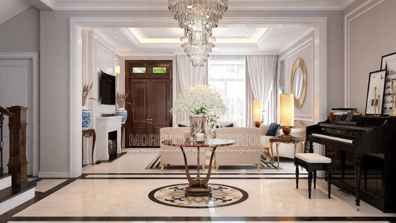 Sảnh phòng khách ấn tượng với bàn trang trí và không gian để bàn piano đẹp sang trọng. Thiết kế phòng khách đẹp