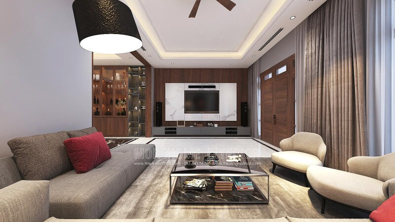 Trang trí tường phòng khách đẹp với điểm nhấn từ đá trắng vân mây kết hợp cùng gỗ ốp tường cao cấp. Thiết kế phòng khách đẹp