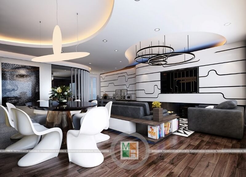 Mẫu thiết kế phòng khách chung cư đẹp sử dụng gỗ ốp sàn màu nâu sang trọng kết hợp nội thất hiện đại, độc đáo mang đến một căn phòng khách lí tưởng Thiết kế phòng khách đẹp