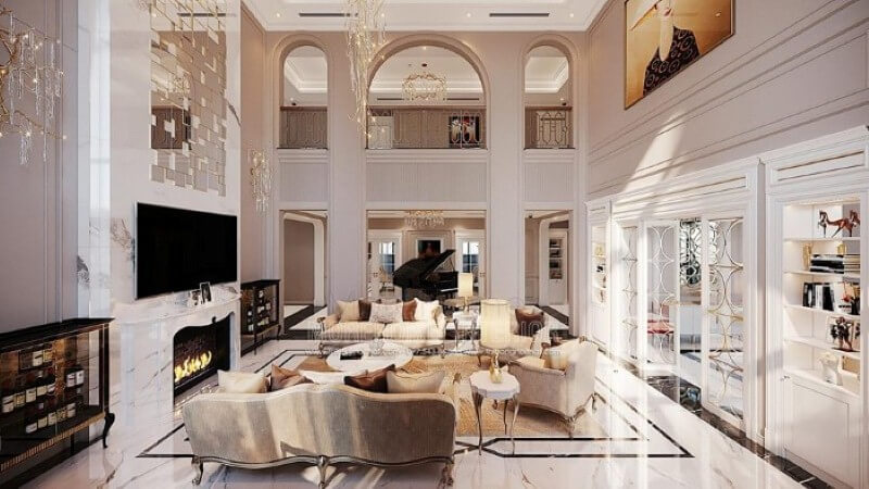 Thiết kế nội thất biệt thự Vinhomes Imperia Hải Phòng ấn tượng với phòng khách thông tầng đẹp, sang trọng. Tổng hợp các mẫu thiết kế phòng khách đẹp và sang trọng