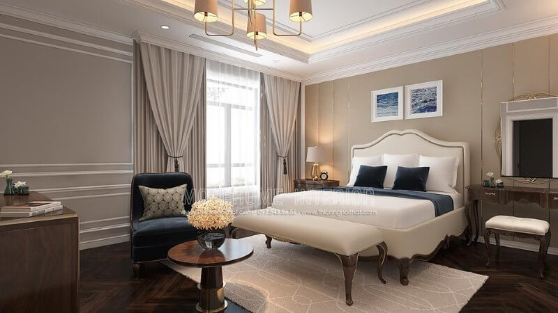 Giường ngủ tân cổ điển thanh lịch, quý phái với sắc trắng tinh khôi hòa quyện với đường nét mềm mại từ gỗ óc chó cao cấp tạo nên điểm nhấn ấn tượng cho phòng ngủ master. Thiết kế nội thất