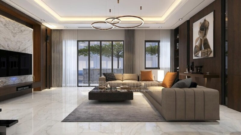 Với ý tưởng bố trí nội thất nhà đẹp với không gian mở, mẫu phòng khách với hệ thống cửa kính lớn sẽ là lựa chọn tuyệt vời trong các không biệt thự, nhà phố. thiết kế biệt thự