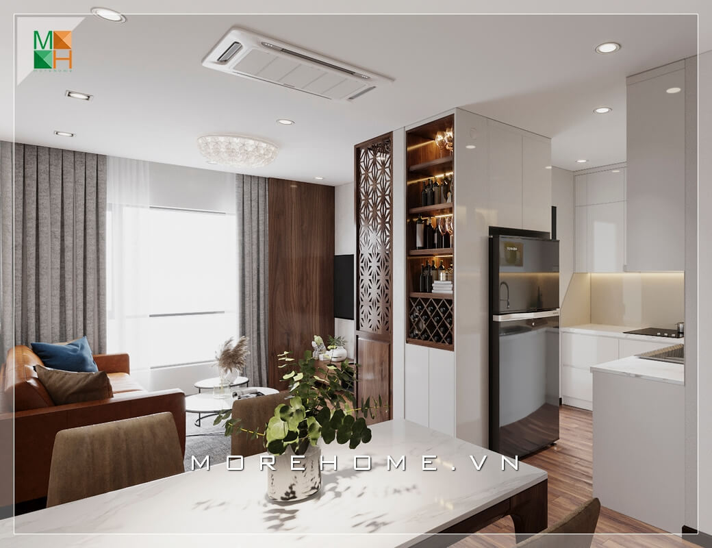 Thiết kế nội thất không gian nhà phố, chung cư đơn giản phong cách hiện đại. Phòng khách liền phòng ăn và phòng bếp, có tính liên kết hài hòa và tiện lợi phù hợp với không gian nhà có diện tích hạn chế. Gợi ý các mẫu thiết kế phòng khách đa phong cách