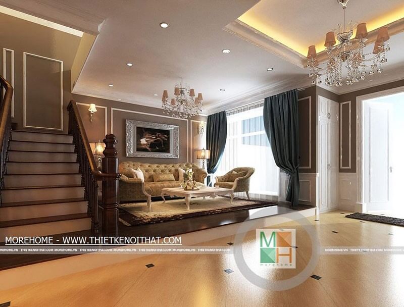 Thiết kế nội thất phòng khách với những chi tiết từ tranh ảnh, đèn tạo nét tân cổ điển ấn tượng, sang trọng hơn cho căn phòng Top mẫu phòng khách ấn tượng, quyến rũ