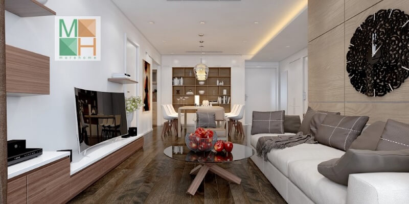 Thiết kế nội thất phòng khách chung cư đẹp với kệ ti vi treo tường kết hợp bộ sofa màu trắng với gối tựa màu ghi tạo điểm nhấn nổi bật cho căn phòng Chiêm ngưỡng BST các mẫu bày trí phòng khách đẹp và tinh tế