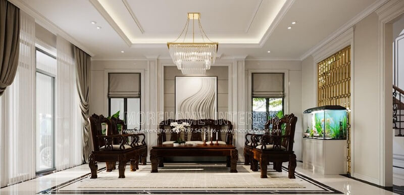 Phòng khách với thiết kế nhiều cửa giúp không gian luôn được thông thoáng. Thiết kế nội nội thất phòng khách