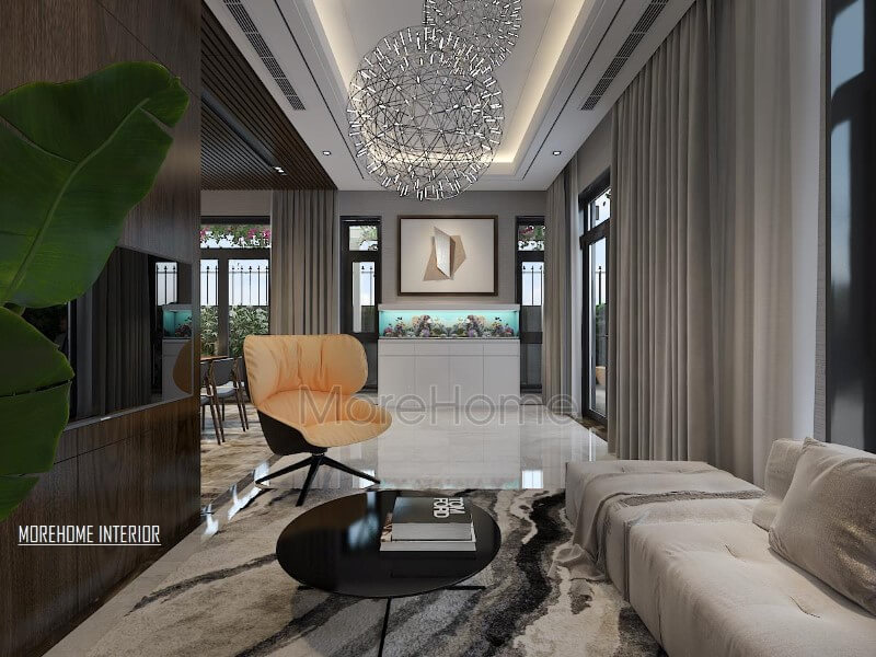 Thảm lông mềm nghệ thuật tạo sự phân chia độc đáo cho phòng khách hiện đại sang trọng. Những ý tưởng thiết kế phòng khách đẹp