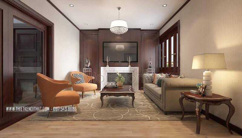 Trang trí nội thất phòng khách biệt thự tân cổ điển nhẹ nhàng, không quá cầu kì vào từng chi tiết nhỏ, tạo nên không gian sang chảnh và thoáng đãng hơn Danh sách các mẫu bố trí phòng khách đẹp