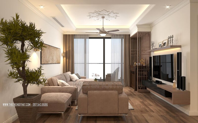 Phòng khách căn hộ thiết kế với bộ sofa nỉ chữ L màu xám được đặt ở không gian phòng khách rộng lớn là điểm nhấn ấn tượng tăng thêm sự đẳng cấp cho không gian Liệt kê những mẫu sofa phòng khách đẳng cấp nhất