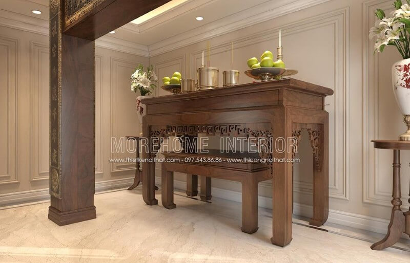 Mẫu bàn thờ gỗ óc chó đẹp tại biệt thự cao cấp, ở phía dưới bàn thờ được thiết kế kèm theo chiếc bàn phụ nhỏ tạo cho gia chủ thuận tiện hơn trong việc thờ cúng Bàn thờ biệt thự
