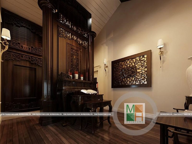 Mẫu bàn thờ gỗ tự nhiên sang trọng với thiết kế đường nét được chạm khách tỉ mỉ, tinh tế cho chốn linh thiêng Bàn thờ biệt thự