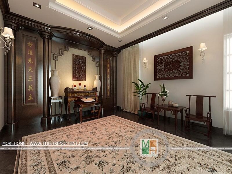 Mẫu bàn thờ gỗ tự nhiên, với đường nét chạm khắc tỉ mỉ, thiết kế tân cổ điển cho phòng thờ biệt thự Bàn thờ biệt thự