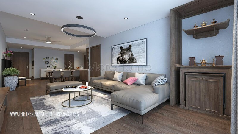 Thiết kế bộ sofa chữ L, chất liệu da màu xám lông chuột làm điểm nhấn cho không gian phòng khách mang đến sự đẳng cấp nhất định cho không gian này. Các mẫu sofa phòng khách đẹp nhất