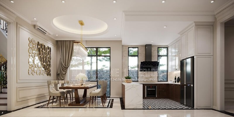 Phong cách đương đại đẹp sang trọng trong thiết kế phòng ăn liền bếp. Thiết kế nội ngoại thất biệt thự Hà Tĩnh
