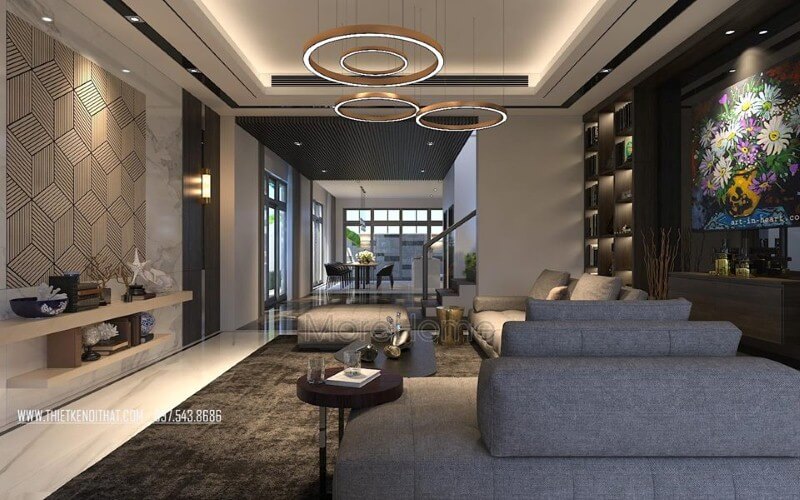 Bố trí tầng 1 đẹp, sang trọng cho nhà phố, biệt thự với ý tưởng thiết kế phòng khách kề phòng ăn theo phong cách hiện đại. Lựa chọn mẫu thiết kế phòng khách độc đáo