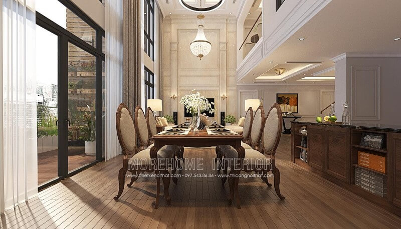 Thiết kế nội thất phòng ăn cao cấp với bộ bàn ghế ăn gỗ óc chó bọc nỉ sang trọng Thiết kế chung cư