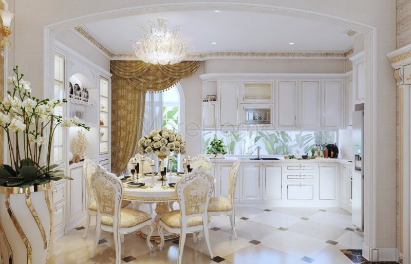 Thiết kế nội thất phòng ăn tân cổ điển liền kề với không gian phòng bếp giúp mang lại những bữa cơm nhanh chóng và ngon miệng hơn Thiết kế chung cư