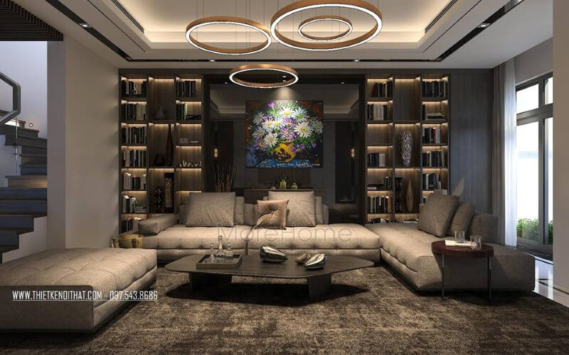 Sắp xếp nội thất phòng khách hiện đại, sang trọng với bộ bàn ghế sofa lớn, kệ ốp tường, tranh treo tường. tổng hợp các mẫu thiết kế phòng khách ấn tượng và độc đáo