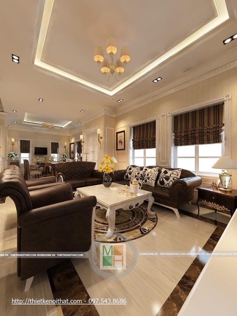 Mẫu sofa tân cổ điển bọc da màu nâu trầm tạo điểm nhấn cho thiết kế phòng khách sang trọng tổng hợp các mẫu thiết kế phòng khách ấn tượng và độc đáo