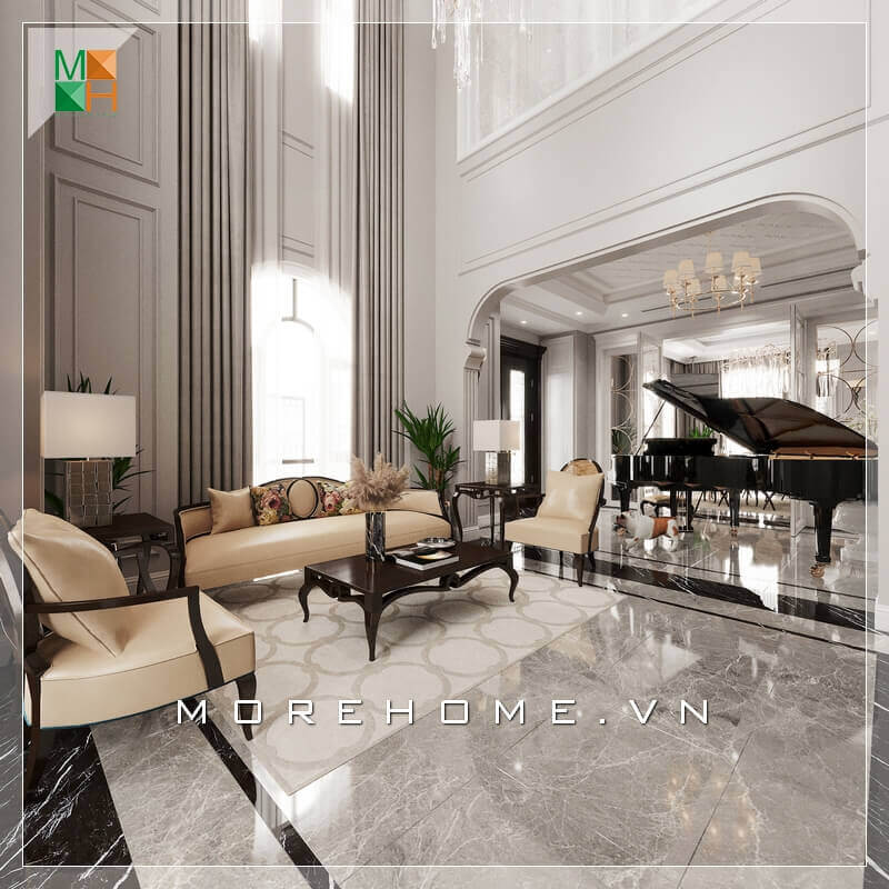 Một cây đàn piano được đặt tại không gian phòng khách có cùng tone màu bộ bàn ghế sofa óc chó là điểm nhấn độc đáo, thể hiện sự tinh tế và sáng tạo của KTS tạo nên một không gian phòng khách lý tưởng. tổng hợp các mẫu thiết kế phòng khách ấn tượng và độc đáo