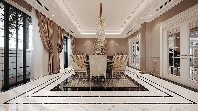 Thiết kế phòng ăn biệt thự ấn tượng với bộ bàn ăn tân cổ điển tạo điểm nhấn nổi bật, cuốn hút mọi ánh nhìn thiết kế biệt thự