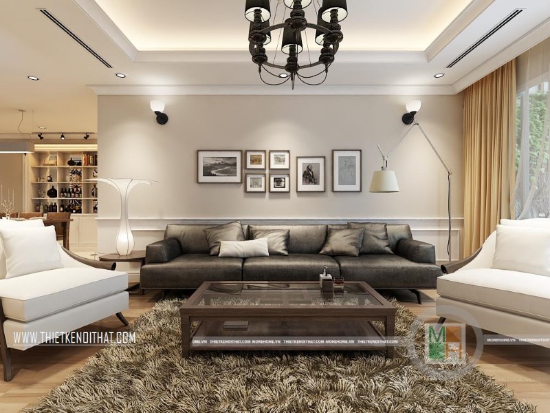 Mẫu thiết kế nội thất phòng khách sang trọng cho chung cư với bộ sofa da cao cấp màu đèn, trắng tạo điểm nhấn nổi bật cho căn phòng. Thiết kế phòng khách đẹp