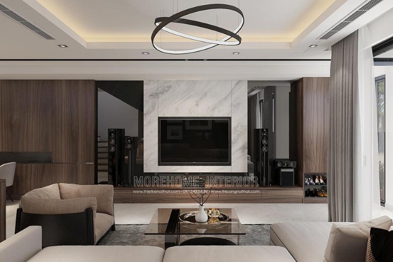 Đá ốp granite sẽ độc đáo hơn nết kết hợp vật liệu ốp phòng khách tối màu. Thiết kế phòng khách đẹp