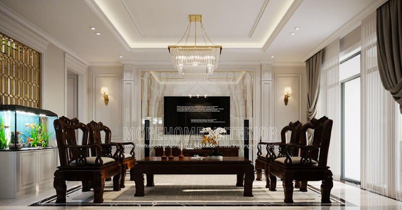 Đá tự nhiên ốp tường tạo điểm nhấn sang trọng độc đáo cho phòng khách cao cấp. Thiết kế phòng khách đẹp