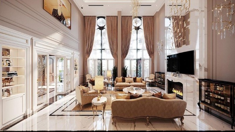 Sắp xếp nội thất phòng khách tân cổ điển đẹp, sang trọng tại Vinhomes Imperia Hải Phòng. Thiết kế phòng khách đẹp