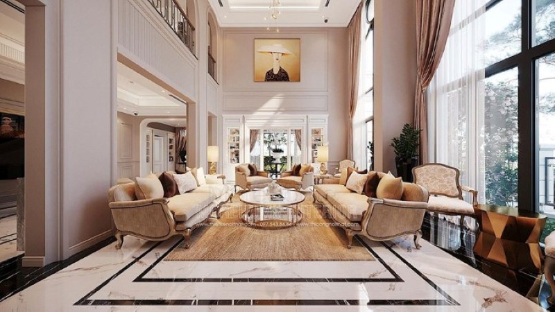 Sắp xếp nội thất phòng khách thông tầng biệt thự tân cổ điển cao cấp tại Vinhomes Imperia Hải Phòng. Thiết kế phòng khách đẹp