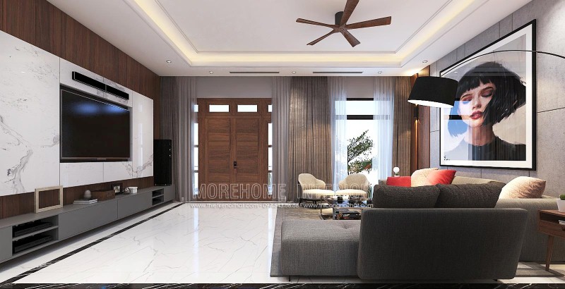 Bố trí nội thất phòng khách hiện đại đẹp, tinh tế từ đá ốp tường vân mây, tranh treo tường nghệ thuật cùng sofa hiện đại cao cấp. Thiết kế phòng khách đẹp