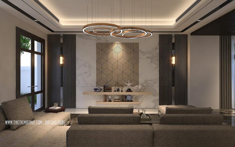 Bố trí phòng khách hiện đại ấn tượng với đá ốp tường cao cấp cùng họa tiết 3D độc đáo. Thiết kế phòng khách đẹp