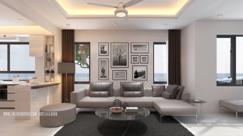 Trang trí nội thất phòng khách hiện đại với tone trầm chủ đạo tạo nên không gian nhẹ nhàng, sâu lắng tại biệt thự Vinhomes Thăng Long Hà Nội. Thiết kế phòng khách đẹp