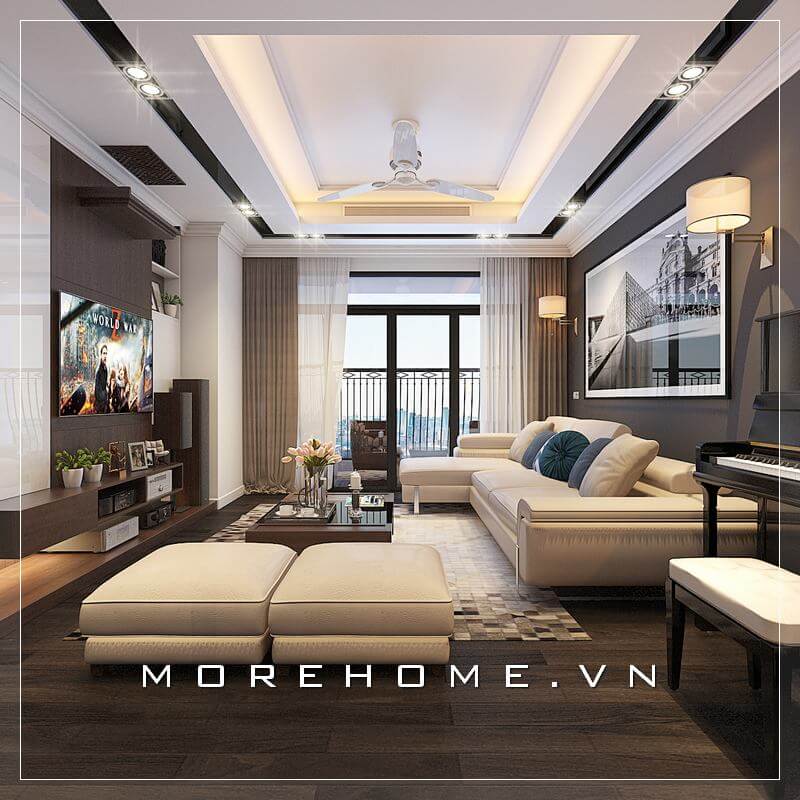 Mẫu thiết kế phòng khách chung cư hiện đại với mẫu sofa da màu be sữa sang trọng điểm nhấn nổi bật cho căn phòng Phòng khách chung cư hiện đại, đẹp và đẳng cấp