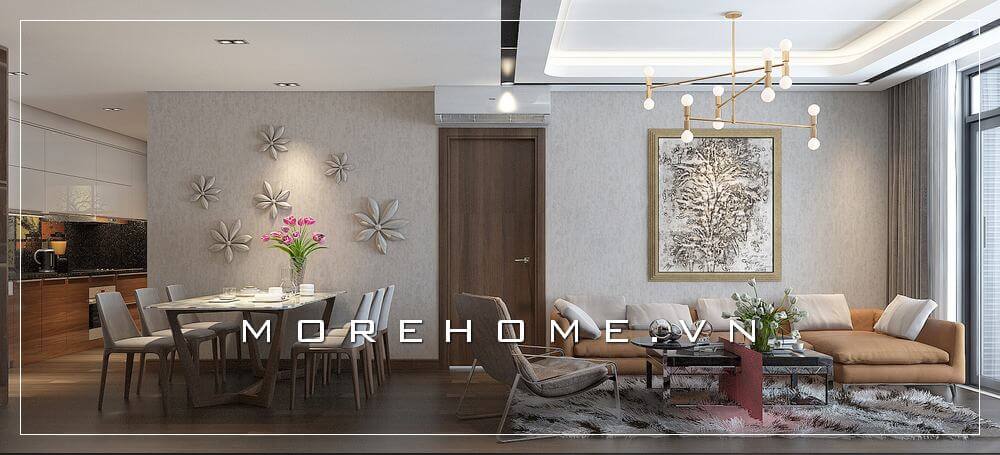 Mẫu thiết kế phòng khách chung cư đẹp được trang bị đầy đủ tiện nghi và liền bàn ăn để phụ vụ sinh hoạt hằng ngày của các thành viên