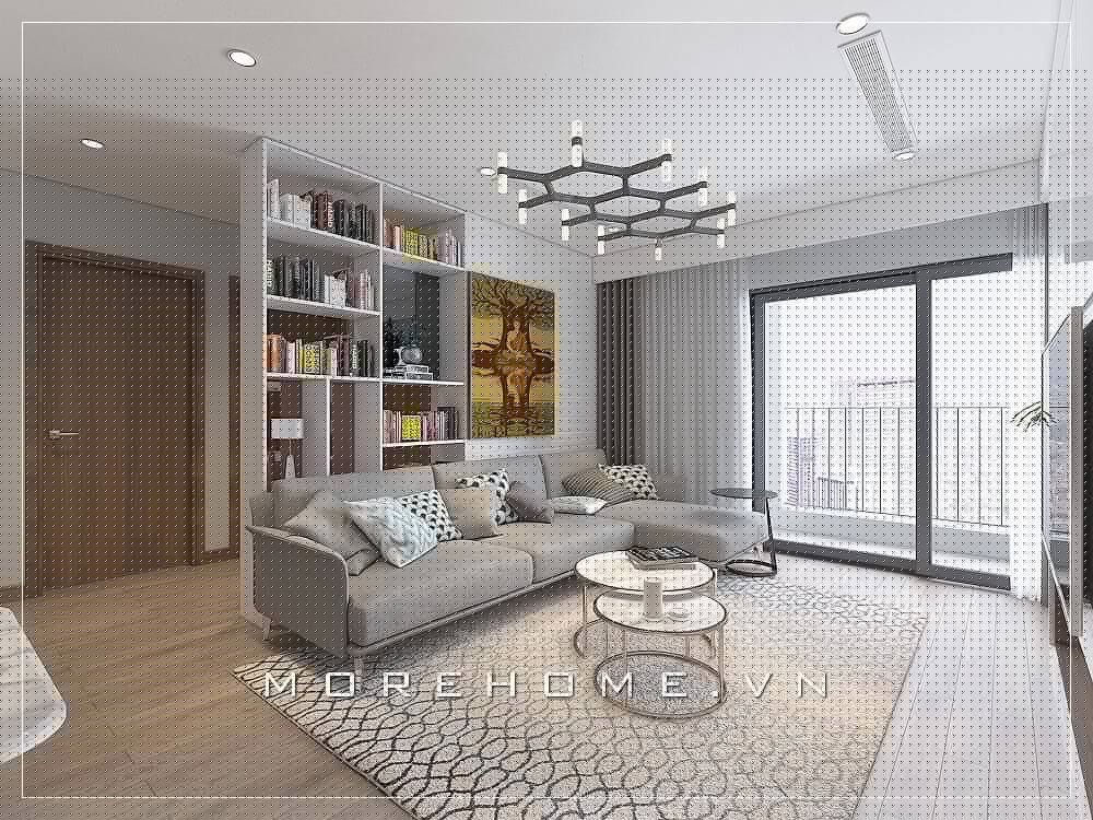 Mẫu thiết kế phòng khách chung cư đẹp sử dụng gam màu xám trắng kết hợp nội thất đơn giản, nhỏ gọn mang đến không gian sống lí tưởng