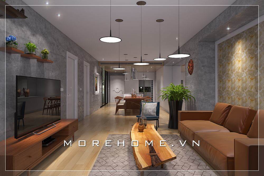 Mẫu thiết kế phòng khách chung cư hiện đại này là sự kết hợp của những bộ sofa da cao cấp, bàn trà gỗ nguyên tấm độc đáo, kệ ti vi gỗ nhỏ gọn kết hợp cách trang trí độc đáo mang đến không gian sống lí tưởng