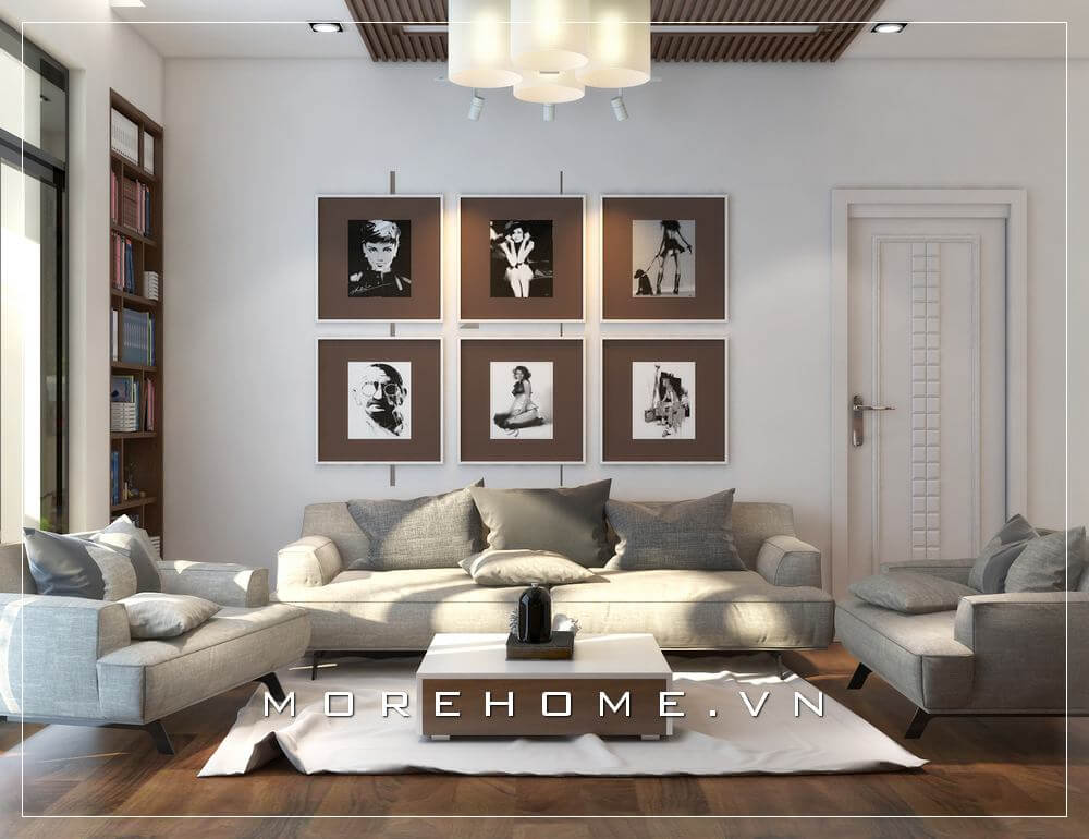 Mẫu thiết kế phòng khách chung cư đẹp nổi bật với bộ sofa bọc vải cao cấp mang đến không gian thư giãn và tiếp khách lí tưởng cho gia chủ