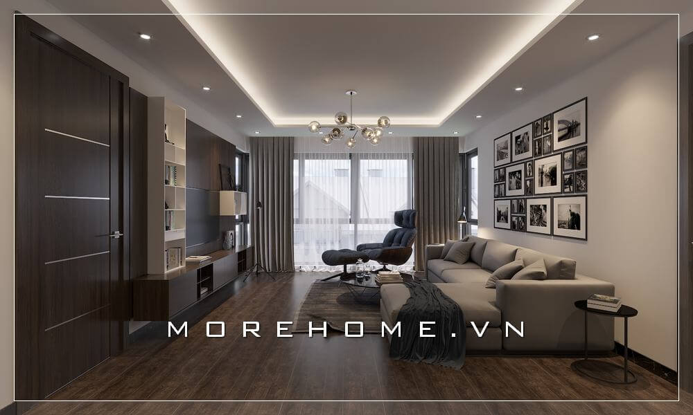 Mang đến mẫu thiết kế phòng khách chung cư đẹp với nội thất hiện đại tông màu trắng xám sang trọng và đẳng cấp được tạo bởi KTS MoreHome