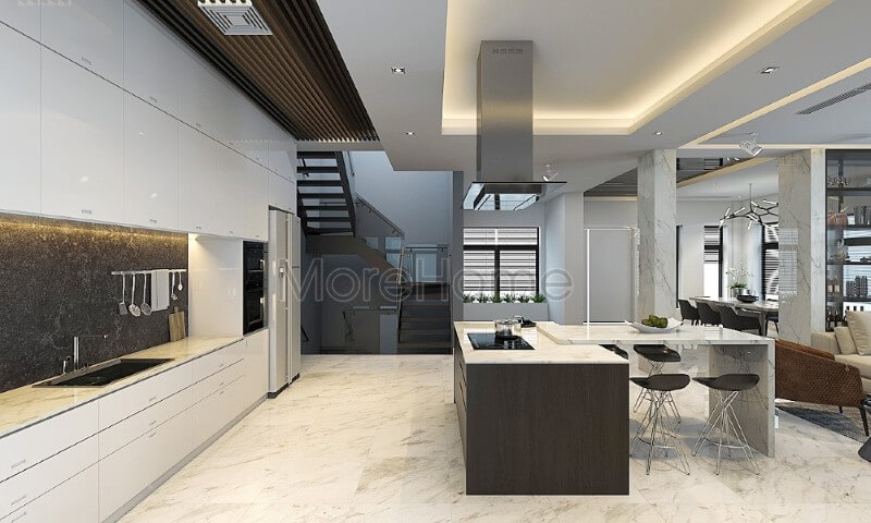 Thiết kế nội thất căn bếp gỗ công nghiệp hiện đại khá rộng rãi, khu bếp nấu ăn và kệ bếp được tách riêng biệt mang đến sự thoải mái và tiện nghi cho gia chủ Thiết kế phòng khách hiện đại đẹp