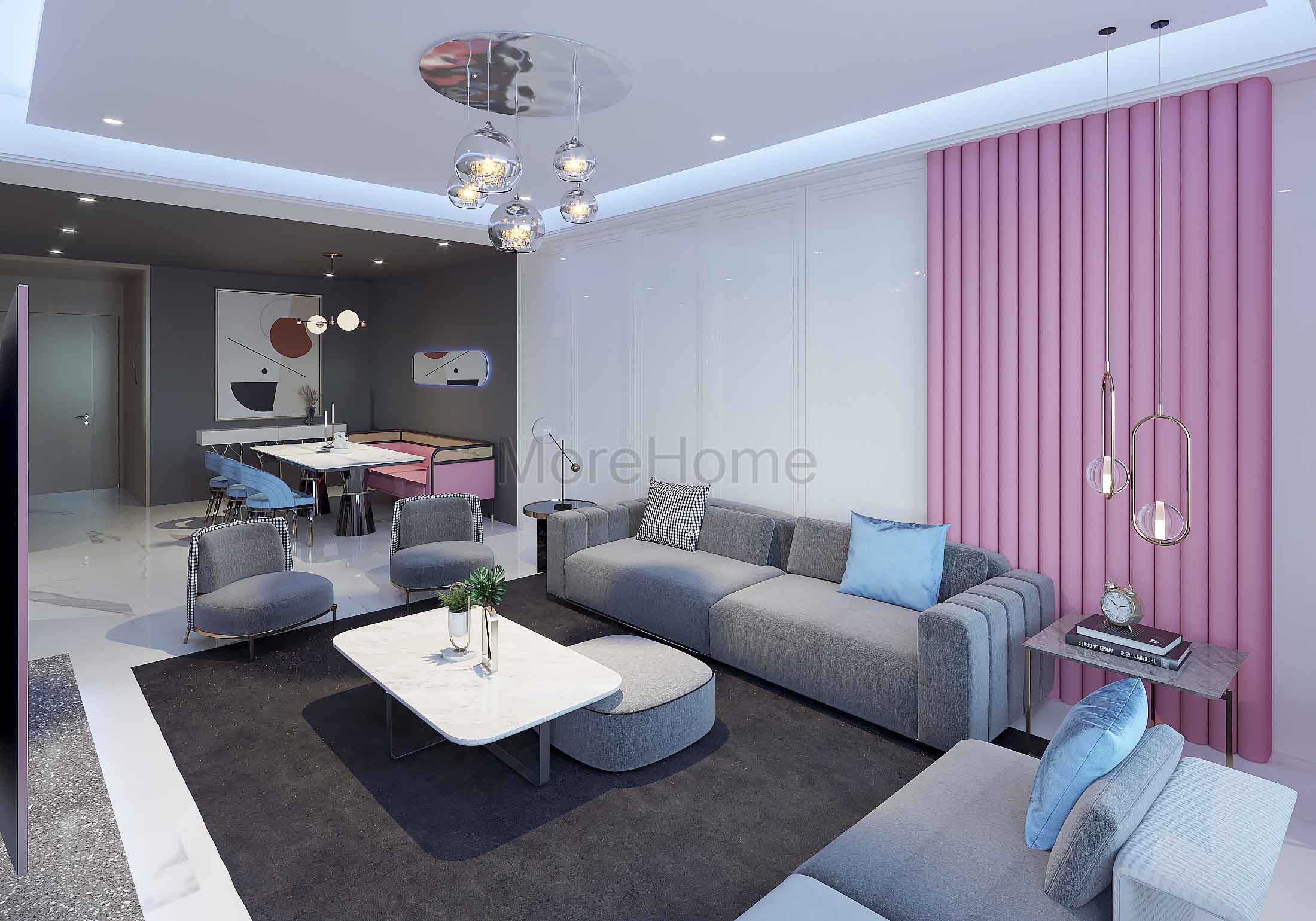 Nội thất phòng khách hiện đại được thiết kế với tone màu xem lẫn ghi - hồng tạo không gian hài hòa, nhẹ nhàng cho căn phòng Thiết kế phòng khách hiện đại đẹp