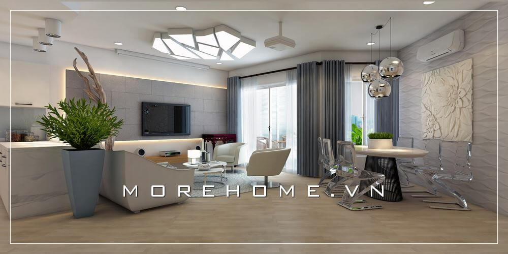 Thiết kế nội thất phòng khách liền phòng ăn phong cách hiện đại sử dụng tone màu trắng tạo cảm giác tươi mới và thoáng mát cho ngôi nhà Thiết kế phòng khách