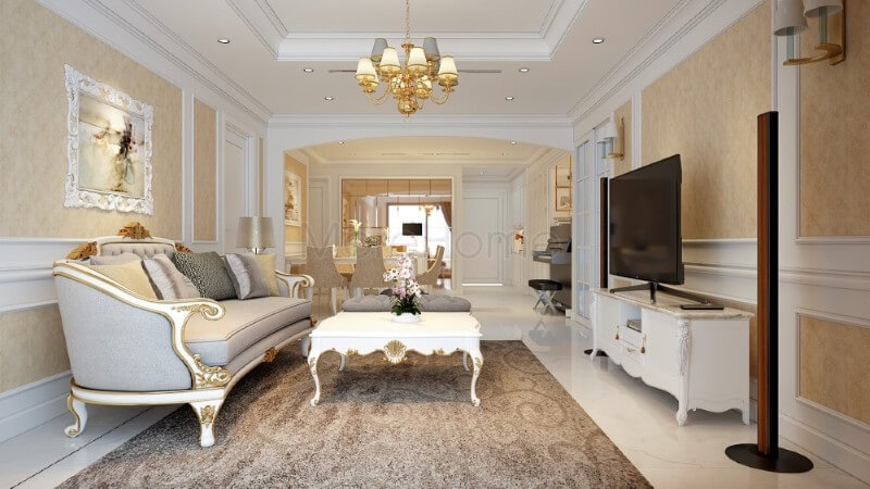 Thiết kế nội thất phòng khách chung cư tân cổ điển mang vẻ đẹp quý phái, sang trọng Thiết kế phòng khách chung cư tân cổ điển đẹp và lịch lãm