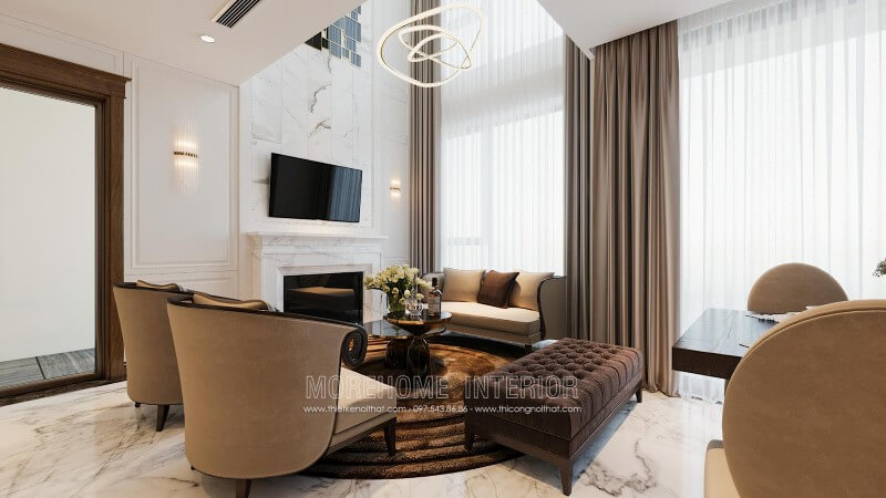 Thiết kế nội thất phòng khách chung cư cao cấp tân cổ điển nhẹ nhàng, với cách kết hợp sofa màu xám cùng với tone màu sơn tường trắng tinh tế tạo hiệu ứng nhẹ nhàng, thanh thoát. Thiết kế phòng khách chung cư tân cổ điển đẹp và lịch lãm