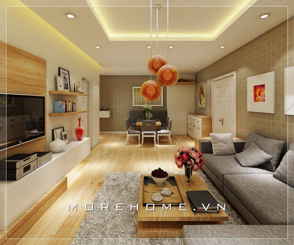 Bố trí phòng khách đơn giản với nội thất gỗ hiện đại tone màu nâu chủ đạo tạo nên không gian ấm cúng và sang trọng nhất “Thiết