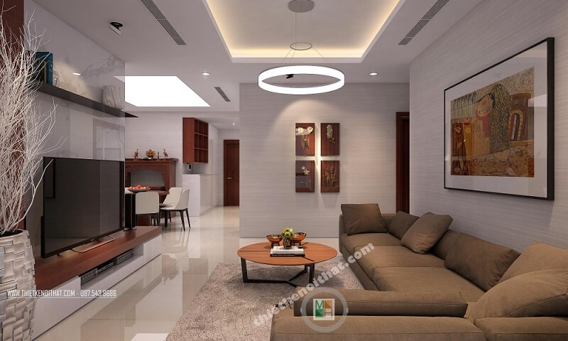Mẫu thiết kế nội thất phòng khách đẹp với đồ nội thất hiện đại nhỏ gọn : kệ ti vi treo tường, bộ sofa vải, hệ tủ, đèn trang trí Thiết kế phòng khách